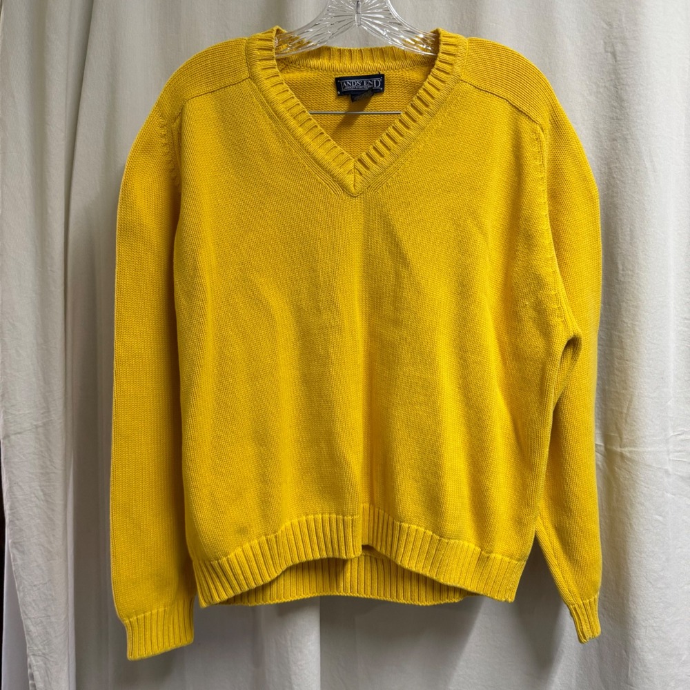 Lands End VTG Womens V-Neck Sweater Yellow 100% Cotton Knit USA made Large 14-16